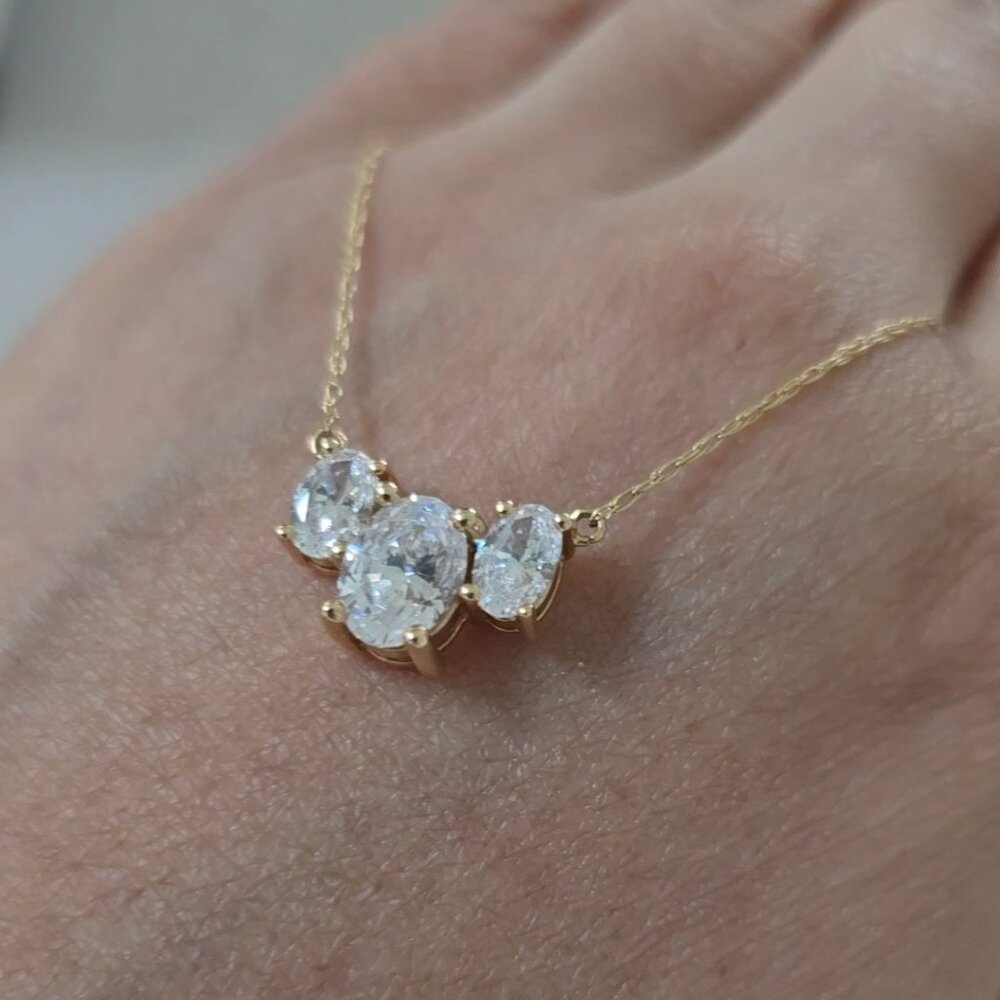 Solid 14k Diamonique DQCZ Three Stone Necklace - Picture 4 of 11